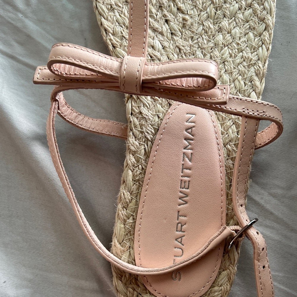 Stuart Weitzman Pink Leather Bow Espadrille Thong Sandals - Picture 4 of 5